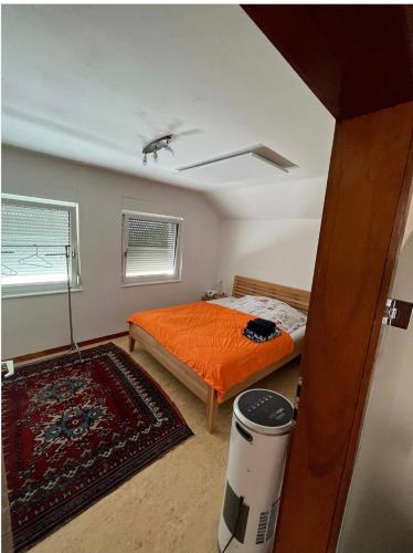 een slaapkamer met een oranje bed en een tapijt bij Haus Im Park in Neusiedl am See