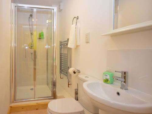 uma casa de banho com um chuveiro, um WC e um lavatório. em 2 Bed in Wroxham 29570 em Worstead