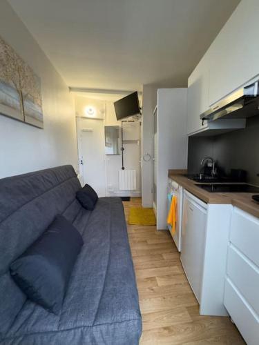 a living room with a gray couch in a kitchen at Studio Montmartre in Paris