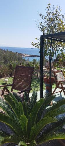 a patio with chairs and a view of the ocean at Kynosoura's sea view in Ambelákia