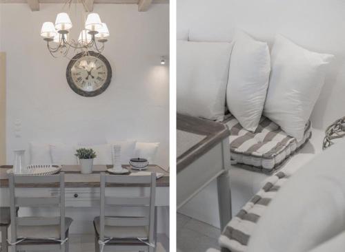 two pictures of a room with a couch and a table at Villa Nausithoe 1 Paros in Logaras