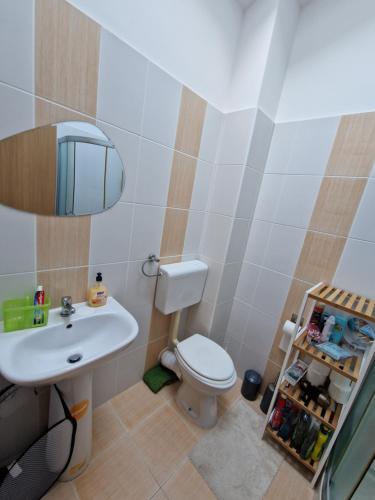 een badkamer met een wit toilet en een wastafel bij Apartment Lea in Ližnjan