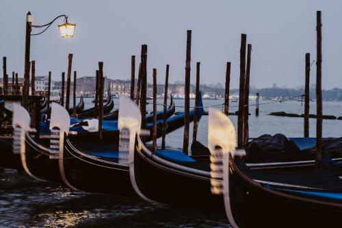 a row of gondolas are lined up in the water at Ca' della Scimmia - Rialto Bridge, Venice in Venice