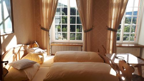 sypialnia z 2 łóżkami i dużym oknem w obiekcie Burg Bollendorf by PRISMA w mieście Bollendorf