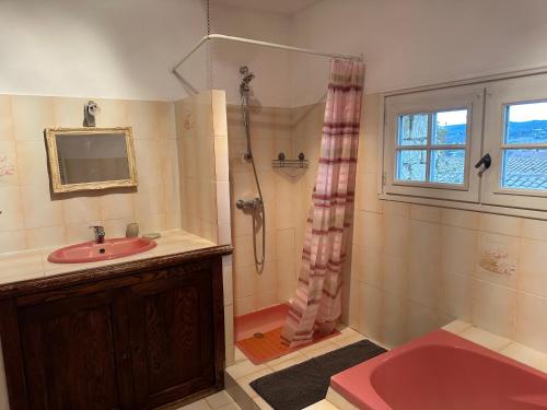 a bathroom with a red sink and a shower at La Meynardière in Saint-Pierre-de-Vassols