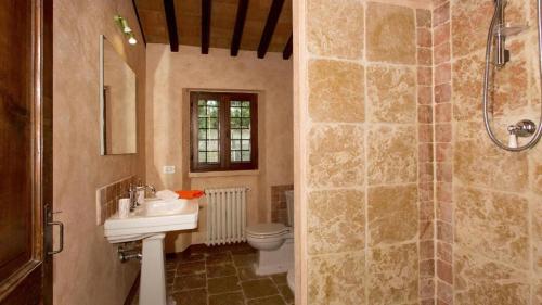 y baño con aseo, lavabo y ducha. en PoloTuristicoUmbria Casale Roteto con Piscina en Città di Castello