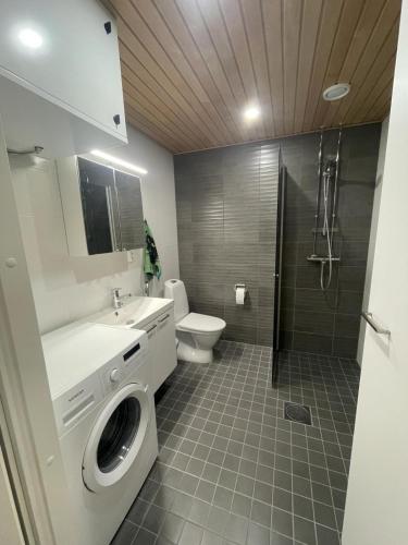 La salle de bains est pourvue d'un lavabo et d'un lave-linge. dans l'établissement Kempele city center 2, à Kempele