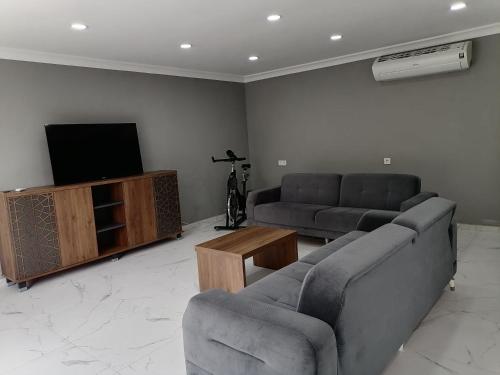 ein Wohnzimmer mit 2 Sofas und einem TV in der Unterkunft Nar Bahçesi in Çakırlar