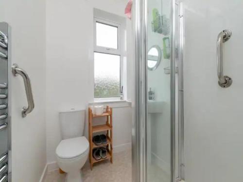 baño con ducha y aseo y ventana en Pass the Keys Spacious Murrayfield Flat en Edimburgo