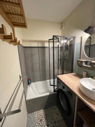 une salle de bain avec une douche, un lavabo et une baignoire dans l'établissement Charmant Studio Camargue Village 150 m de la plage, au Grau-du-Roi