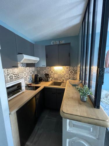 une petite cuisine avec un comptoir et un évier dans l'établissement Charmant Studio Camargue Village 150 m de la plage, au Grau-du-Roi