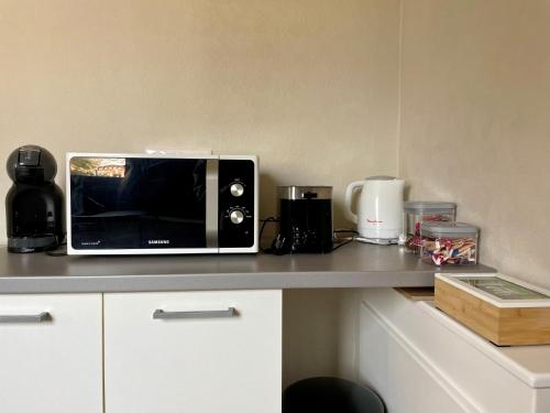 a microwave oven sitting on top of a counter at Le P’tit B - Quartier Saint-Michel/Centre Ville in Saint-Brieuc