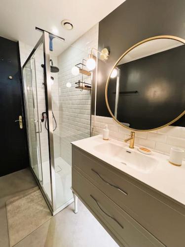 une salle de bain avec un lavabo, un miroir et une douche dans l'établissement Appartement l'effet Mers, à Mers-les-Bains
