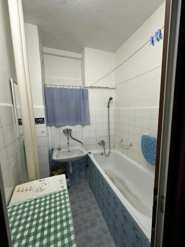 a bathroom with a bath tub and a sink at Ubytovanie u Babičky in Martin