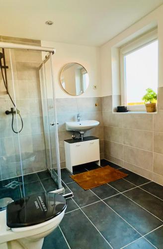 La salle de bains est pourvue d'un lavabo, de toilettes et d'un miroir. dans l'établissement Wohlfühl-Apartment Mareiki*Balkon*Stellplatz*WIFI*, à Erfurt