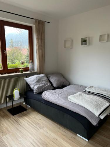a bedroom with a large bed with a window at Viva la Wildbad in Bad Wildbad