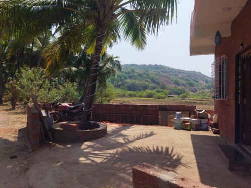 a palm tree in front of a house with a motorcycle at Swamiraj home stay in Ratnagiri