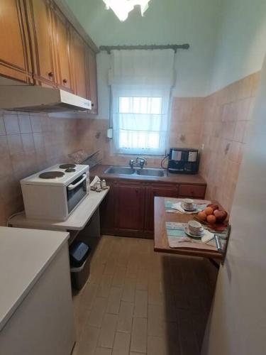a small kitchen with a sink and a microwave at katerina's house in Khónai