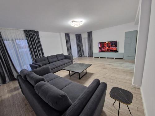 uma sala de estar com um sofá e uma mesa em Pensiunea Elysium em Lunguleţu