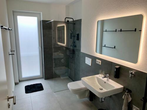 een badkamer met een wastafel, een douche en een toilet bij APPARTEMENT3 in Dahn
