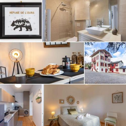 un collage de photos d'une cuisine et d'une maison dans l'établissement Refuge de l'ours : T2 équipé avec parking et wifi, à Bagnères-de-Bigorre
