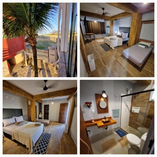 a collage of four pictures of a hotel room at Casarão da Praia - Itaipuaçu, Jardim Atlântico, Maricá in Itaipuaçu