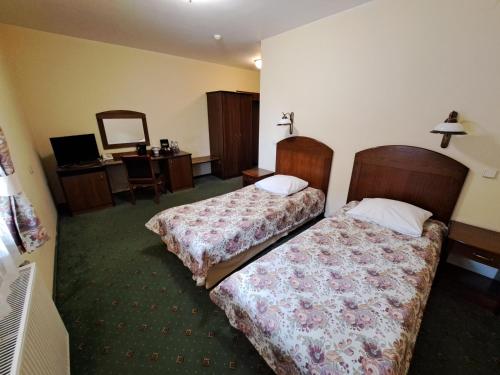 Hotel Górski في Wolbórz: غرفة فندقية بسريرين ومرآة