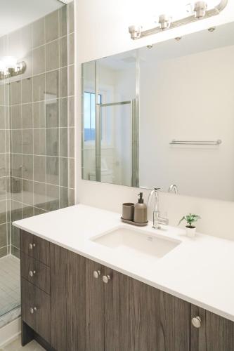 a bathroom with a sink and a mirror at 4BR Entire private modern cottage - Hilltop view in Huntsville