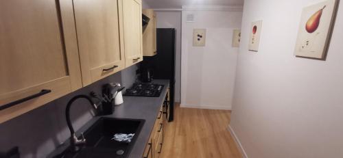 a kitchen with a sink and a stove and a refrigerator at Apartament Wojska Polskiego in Starachowice