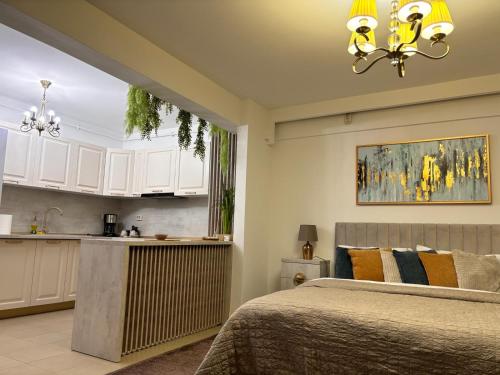 ein Schlafzimmer mit einem Bett und einer Küche in der Unterkunft Premium Studio MV in Sibiu