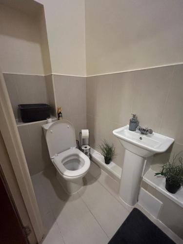 a bathroom with a toilet and a sink at Comfy studio in London