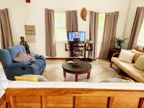 a living room with a blue couch and a tv at Maison 79 in Soufrière