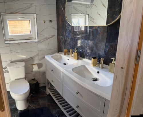 a bathroom with a sink and a toilet and a mirror at Wzgórze w Cieniu Lasu in Łukowica