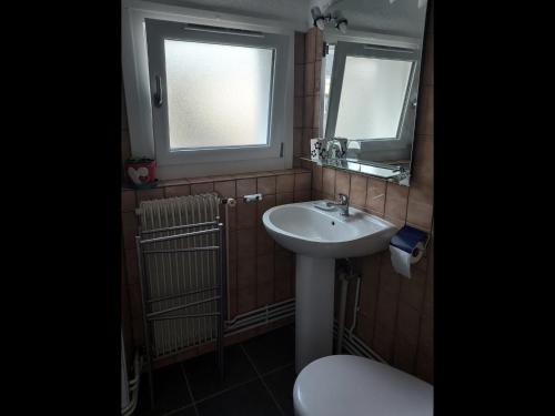 bagno con lavandino, finestra e servizi igienici di Studio côté jardin a Ingersheim