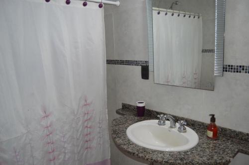 baño con lavabo y cortina de ducha en Refugio del alma. Alquiler temporario. en Zavalla