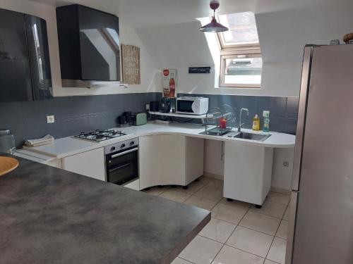 une cuisine avec un évier et une cuisinière four supérieur dans l'établissement Schumann Balcon Vannes, à Vannes