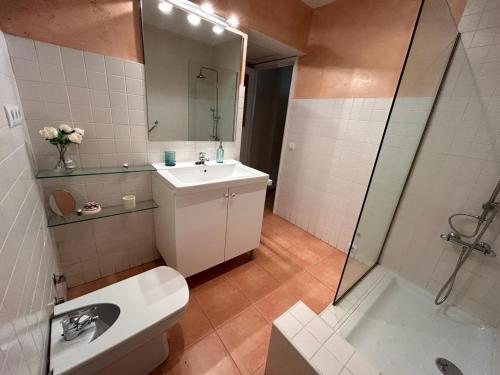 a bathroom with a sink and a toilet and a shower at 2 Bedroom Apartment by Guadalquivir River in Seville