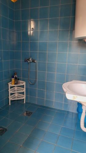a blue tiled bathroom with a shower and a sink at Sonja's House of Sun, Bislim Gorge, Riverview & yard in Kumanovo