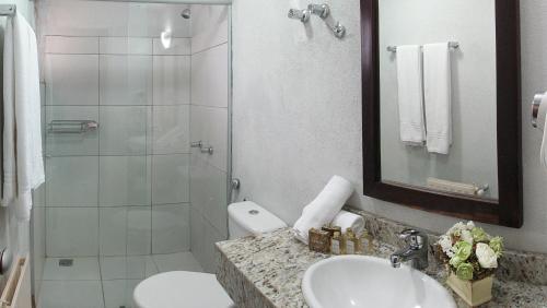 a bathroom with a toilet sink and a shower at Sky Centro Hotel & SPA in Gramado