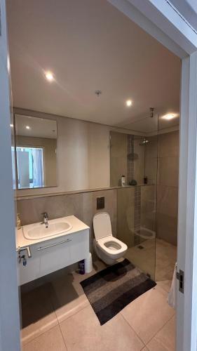 a bathroom with a toilet and a sink and a shower at dockrail and cast anchor drive Apartment in Cape Town