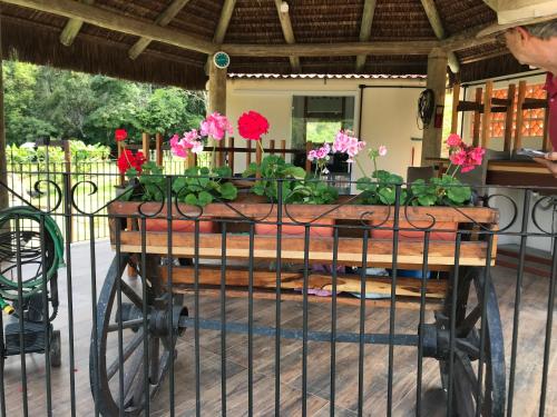 a table with flowers on it on a patio at Sítio Paz e Sossego in Têsto Salto