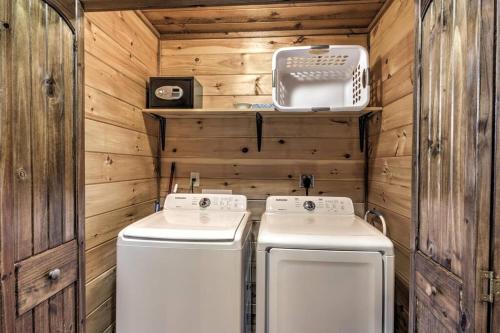two washing machines in a room with wooden walls at Mtn View•Hot Tub•Firepit•Game Rm•10min to Blue Ridge in Morganton