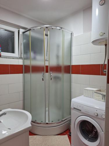 a shower in a bathroom with a washing machine at Studio Apartman Luna in Zadar