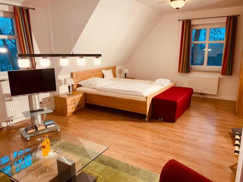 - une chambre avec un lit et une télévision dans l'établissement Pension Hessbögel, à Grünendeich