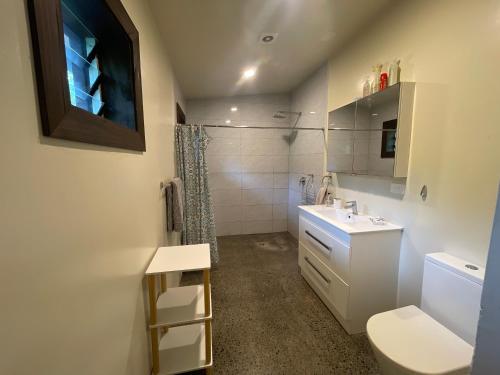 y baño con lavabo, aseo y ducha. en TE PUKA ESTATE Group & Function Venue, en Rarotonga