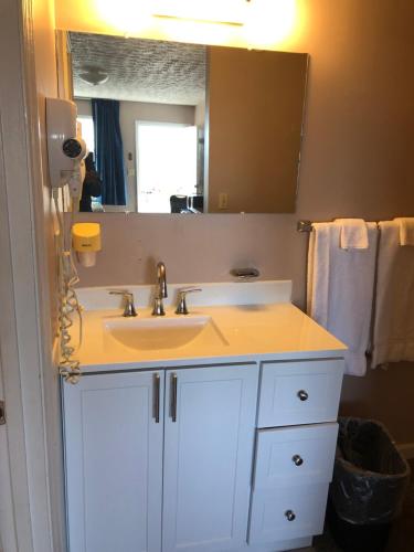 een badkamer met een wastafel en een spiegel bij Fox Mountain Inn in Max Meadows