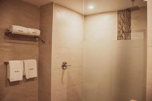 a shower with a glass door in a bathroom at Hotel María Bonita Chihuahua in Chihuahua