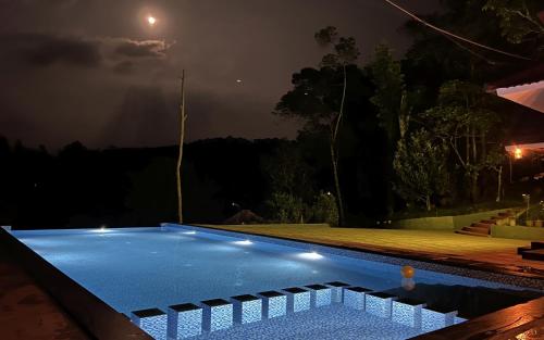 a swimming pool at night with the moon in the sky at Green Garden Wayanad Villas in Vayittiri