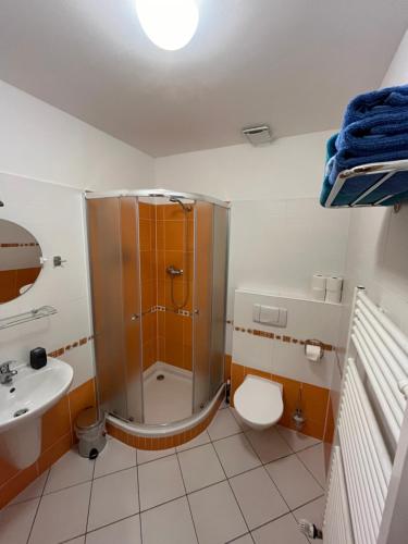 y baño con ducha, aseo y lavamanos. en Apartmán Labská en Špindlerův Mlýn