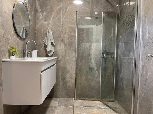 ein Bad mit einer Dusche, einem Waschbecken und einem Spiegel in der Unterkunft וילת אבן ספיר in Gefen